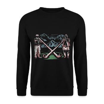 Traditionsreiches Alphorn Almmusik - Unisex Pullover - Schwarz - Vorne - Alina (178cm) & Michal (187cm)