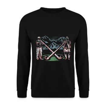 Traditionsreiches Alphorn Almmusik - Unisex Pullover - Schwarz - Vorne - Alina (178cm) & Michal (187cm)