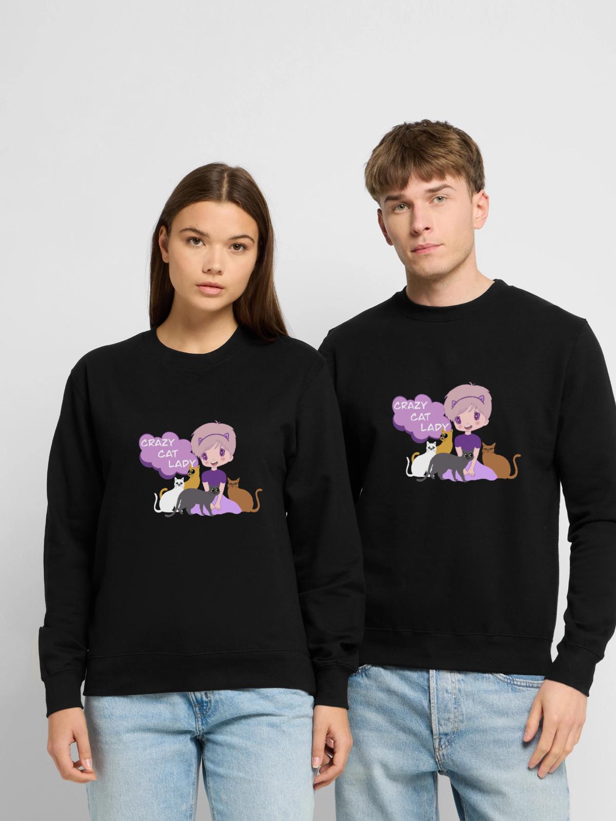 Verrückte Katzendame - Unisex Pullover - Schwarz - Vorne - Alina (178cm) & Michal (187cm)