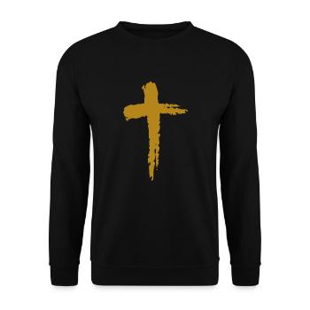 Christentum Religion Kreuz in Gold - Unisex Pullover - Schwarz - Vorne - Alina (178cm) & Michal (187cm)