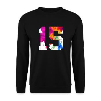 NUMMER 15 JAHRE ALT 15. GEBURTSTAG - Unisex Pullover - Schwarz - Vorne - Alina (178cm) & Michal (187cm)