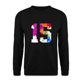 NUMMER 15 JAHRE ALT 15. GEBURTSTAG - Unisex Pullover - Schwarz - Vorne - Alina (178cm) & Michal (187cm)