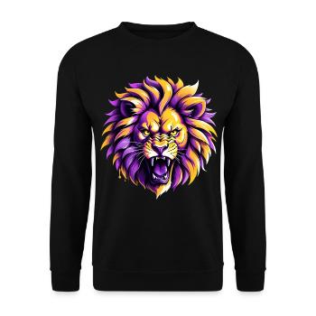 Wilder Löwe in Lila und Gelb - Unisex Pullover - Schwarz - Vorne - Alina (178cm) & Michal (187cm)