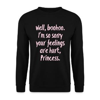 Pinkes Spruchdesign: Sorry Princess Supernatural - Unisex Pullover - Schwarz - Vorne - Alina (178cm) & Michal (187cm)
