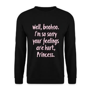 Pinkes Spruchdesign: Sorry Princess Supernatural - Unisex Pullover - Schwarz - Vorne - Alina (178cm) & Michal (187cm)