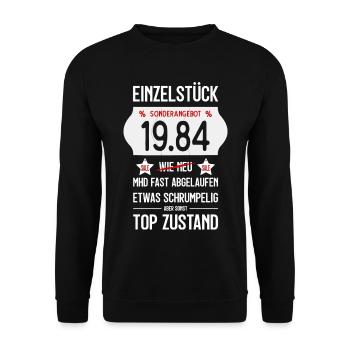 42. GEBURTSTAG 1984 EINZELSTÜCK PREISSCHILD - Unisex Pullover - Schwarz - Vorne - Alina (178cm) & Michal (187cm)