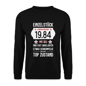 42. GEBURTSTAG 1984 EINZELSTÜCK PREISSCHILD - Unisex Pullover - Schwarz - Vorne - Alina (178cm) & Michal (187cm)