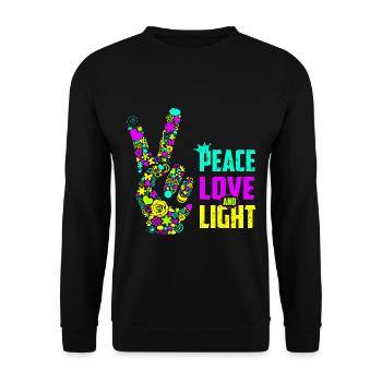 Peace Love Light Handzeichen Friedenssymbol Neon - Unisex Pullover - Schwarz - Vorne - Alina (178cm) & Michal (187cm)