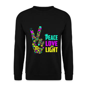 Peace Love Light Handzeichen Friedenssymbol Neon - Unisex Pullover - Schwarz - Vorne - Alina (178cm) & Michal (187cm)