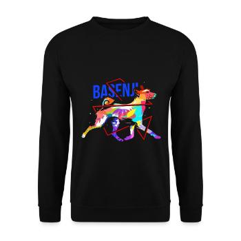 Lebhafter Basenji Jagdgefährte - Unisex Pullover - Schwarz - Vorne - Alina (178cm) & Michal (187cm)