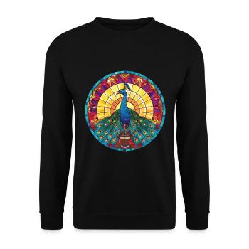 Bunte Aquarell-Tierillustration des Pfaus - Unisex Pullover - Schwarz - Vorne - Alina (178cm) & Michal (187cm)