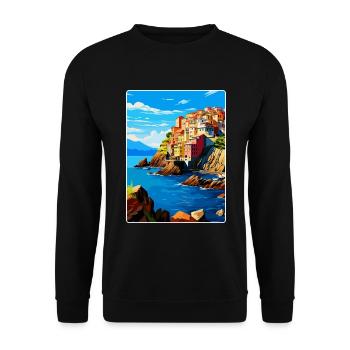 Cinque Terre Italien Vintage Reiseplakat Souvenir - Unisex Pullover - Schwarz - Vorne - Alina (178cm) & Michal (187cm)