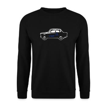 P601 Trabbi Ost Oldtimer - Auto fürs Herz - Unisex Pullover - Schwarz - Vorne - Alina (178cm) & Michal (187cm)