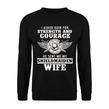 Ehefrau Schild Stärke Courage - Unisex Pullover - Schwarz - Vorne - Alina (178cm) & Michal (187cm)