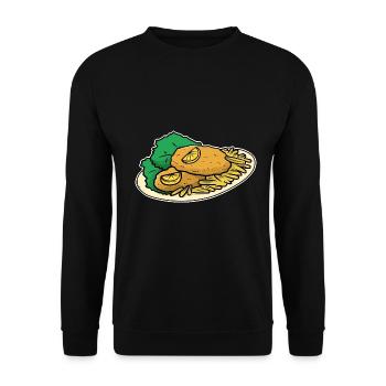 Goldgelbes Wiener Schnitzelgericht - Unisex Pullover - Schwarz - Vorne - Alina (178cm) & Michal (187cm)