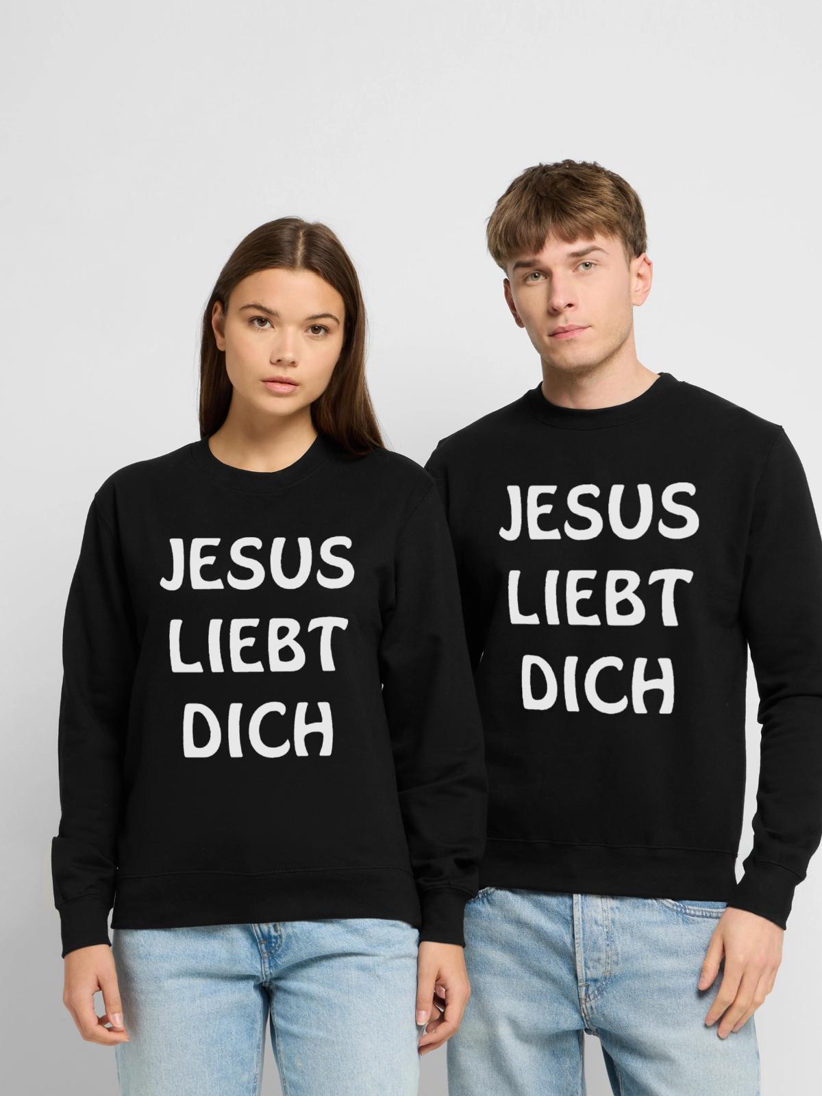 Jesus liebt dich – Bibelbotschaft - Unisex Pullover - Schwarz - Vorne - Alina (178cm) & Michal (187cm)