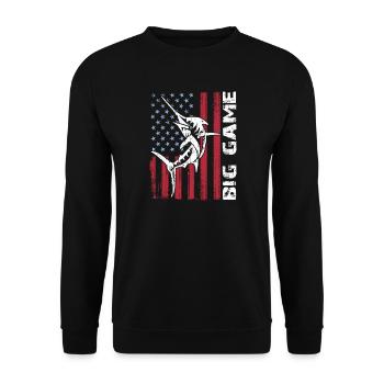 Springender Marlin mit US Flagge Hochseefischen - Unisex Pullover - Schwarz - Vorne - Alina (178cm) & Michal (187cm)