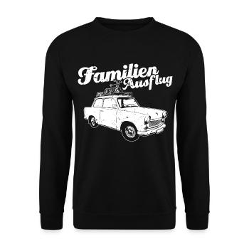 "Familienausflug" DDR Oldtimer Trabi-Motiv - Unisex Pullover - Schwarz - Vorne - Alina (178cm) & Michal (187cm)