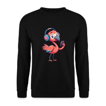 Flamingo Lustige Zeichentrickfigur Kopfhörer Musik - Unisex Pullover - Schwarz - Vorne - Alina (178cm) & Michal (187cm)