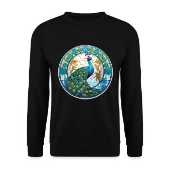 Pfauenbunte Aquarell-Tierillustration - Unisex Pullover - Schwarz - Vorne - Alina (178cm) & Michal (187cm)