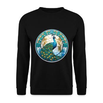Pfauenbunte Aquarell-Tierillustration - Unisex Pullover - Schwarz - Vorne - Alina (178cm) & Michal (187cm)