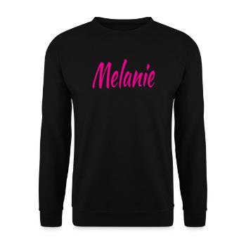Melanie Schrift Neon Pink auf Schwarz - Unisex Pullover - Schwarz - Vorne - Alina (178cm) & Michal (187cm)