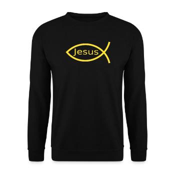 Jesusfisch gelb Ichthys Jesus Fisch  - Unisex Pullover - Schwarz - Vorne - Alina (178cm) & Michal (187cm)