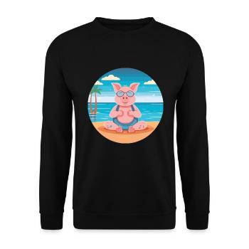 Schwein-Karikatur-Yoga-Strand-Sommer-Illustration - Unisex Pullover - Schwarz - Vorne - Alina (178cm) & Michal (187cm)