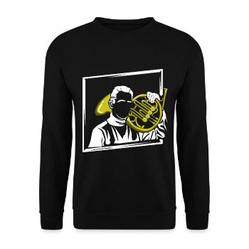 Festliches Waldhorn Blasmusik - Unisex Pullover - Schwarz - Vorne - Alina (178cm) & Michal (187cm)