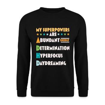 Meine Superkräfte sind ADHS Anders denken - Unisex Pullover - Schwarz - Vorne - Alina (178cm) & Michal (187cm)