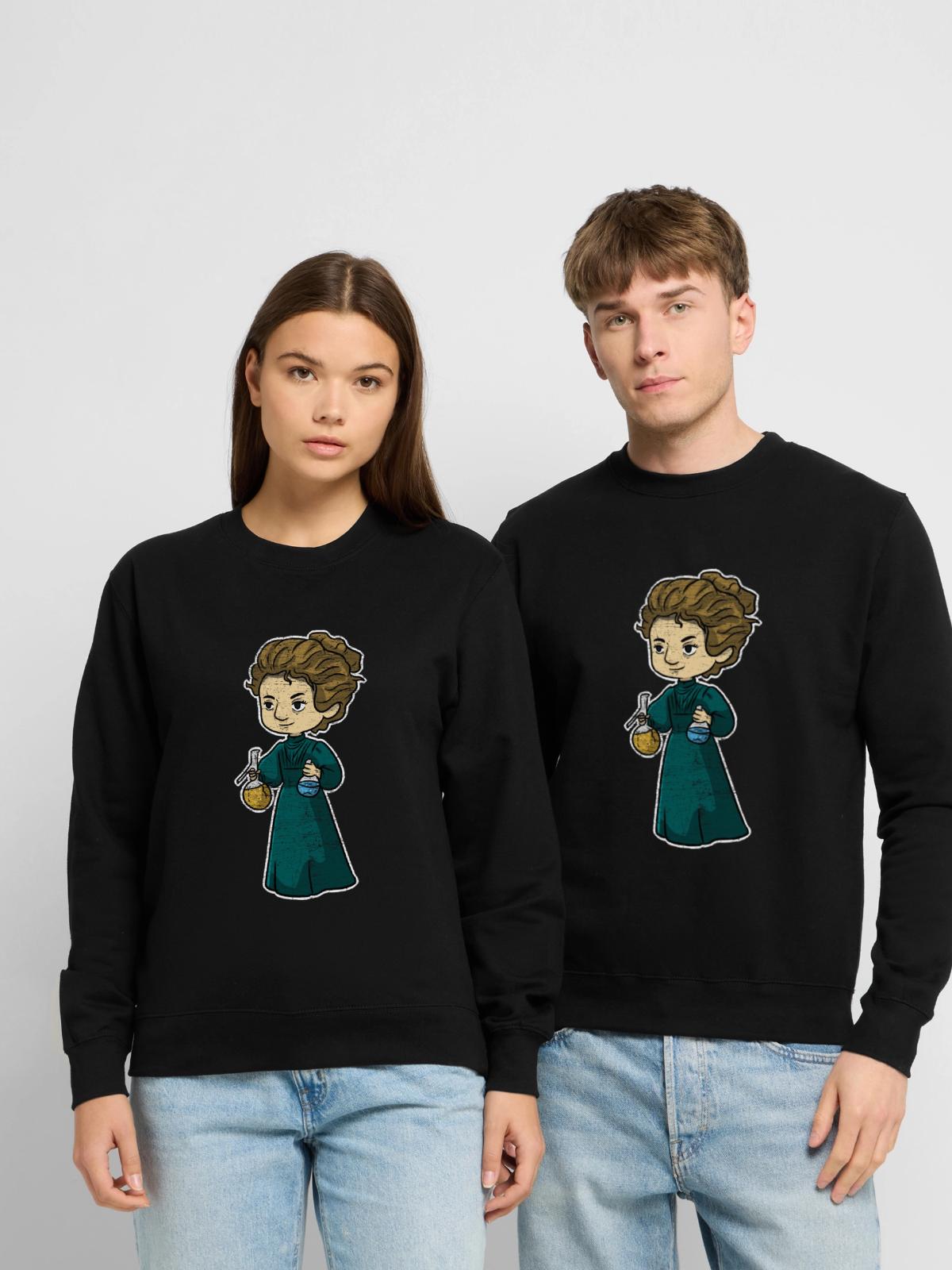 Blitzgescheite Marie Curie Physikerin - Unisex Pullover - Schwarz - Vorne - Alina (178cm) & Michal (187cm)