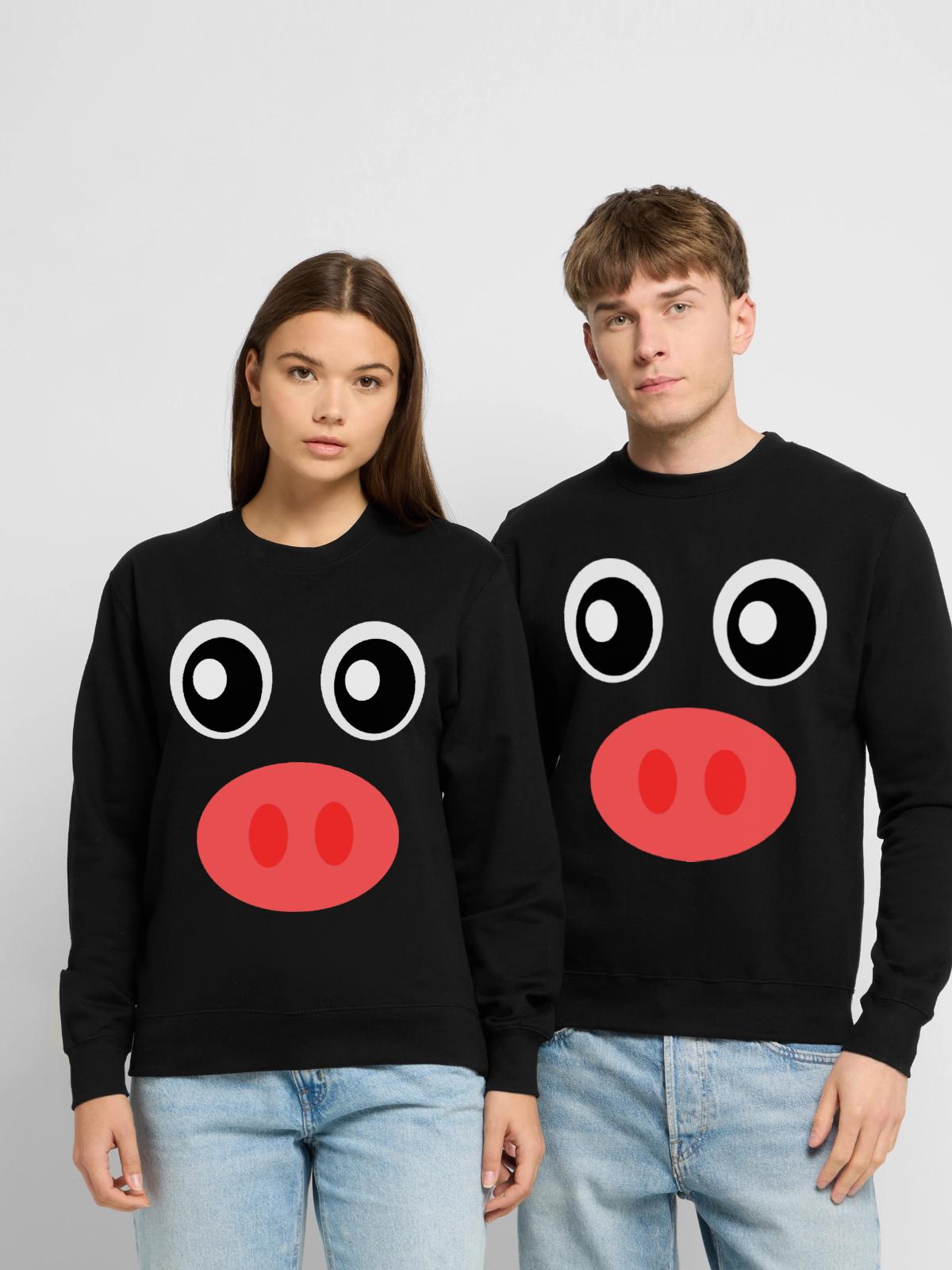 Lustiges Schwein Gesicht - Unisex Pullover - Schwarz - Vorne - Alina (178cm) & Michal (187cm)
