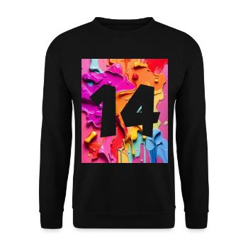 NR. 14 NUMMER 14 BUNT 14. GEBURTSTAG - Unisex Pullover - Schwarz - Vorne - Alina (178cm) & Michal (187cm)
