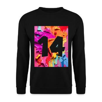 NR. 14 NUMMER 14 BUNT 14. GEBURTSTAG - Unisex Pullover - Schwarz - Vorne - Alina (178cm) & Michal (187cm)