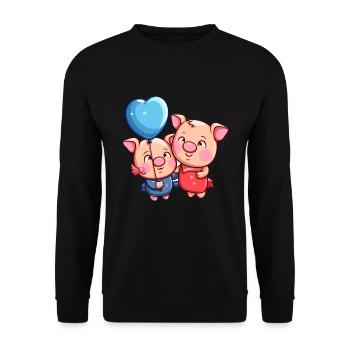 Schwein Kawaii Cartoon Haustier spielt mit Luftballons - Unisex Pullover - Schwarz - Vorne - Alina (178cm) & Michal (187cm)