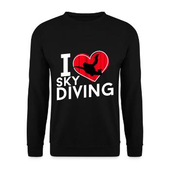 I love Sky Diving - Herz mit Fallschirmspringer - Unisex Pullover - Schwarz - Vorne - Alina (178cm) & Michal (187cm)