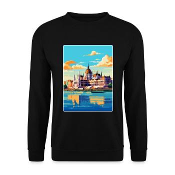 Budapest Ungarn Vintage Reiseplakat Souvenir - Unisex Pullover - Schwarz - Vorne - Alina (178cm) & Michal (187cm)