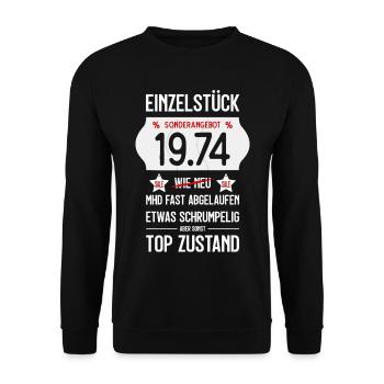 52. GEBURTSTAG 1974 EINZELSTÜCK PREISSCHILD - Unisex Pullover - Schwarz - Vorne - Alina (178cm) & Michal (187cm)