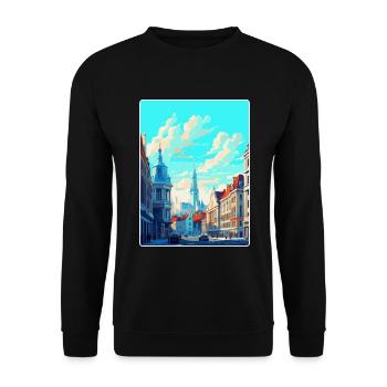 Brüssel Belgien Vintage Reiseplakat Souvenir - Unisex Pullover - Schwarz - Vorne - Alina (178cm) & Michal (187cm)