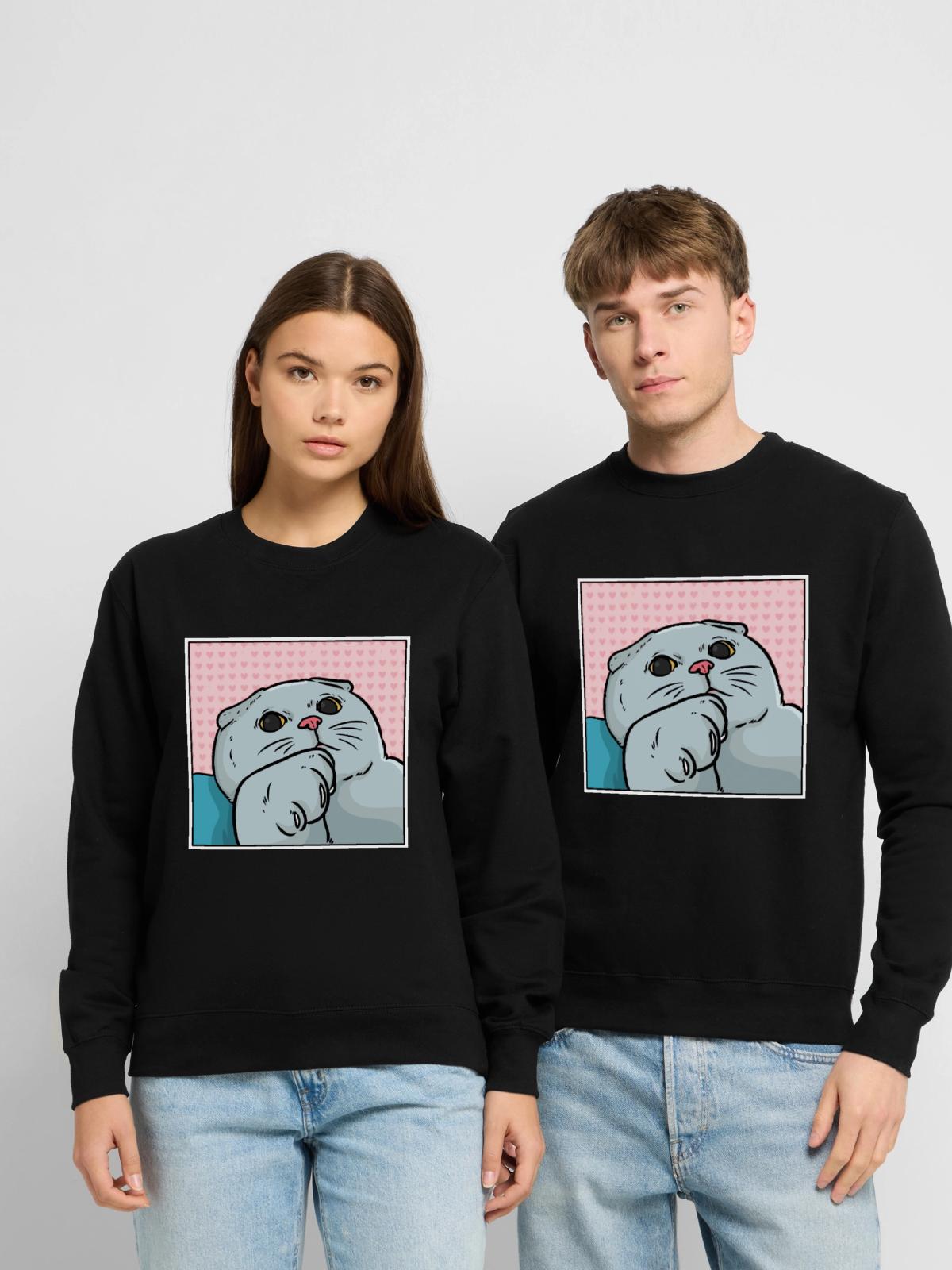 Kuschelweiche Foldex Rassekatze - Unisex Pullover - Schwarz - Vorne - Alina (178cm) & Michal (187cm)