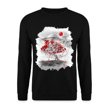 Mount Fuji hinter einem Kirschbaum - Unisex Pullover - Schwarz - Vorne - Alina (178cm) & Michal (187cm)