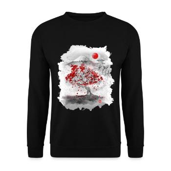 Mount Fuji hinter einem Kirschbaum - Unisex Pullover - Schwarz - Vorne - Alina (178cm) & Michal (187cm)
