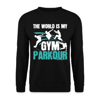 Die Welt ist mein Fitnessstudio Parkour Freies Lau - Unisex Pullover - Schwarz - Vorne - Alina (178cm) & Michal (187cm)
