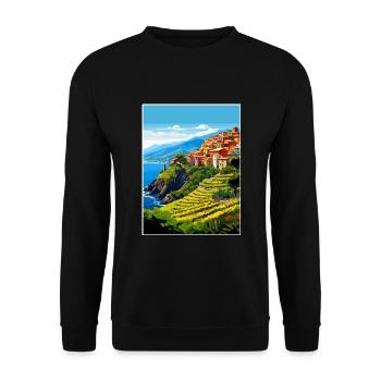 Cinque Terre Italien Dekoration Patmos Reiseposter - Unisex Pullover - Schwarz - Vorne - Alina (178cm) & Michal (187cm)