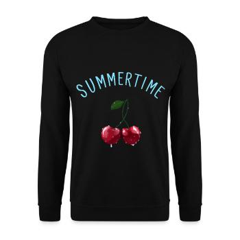 Summertime - Kirschen mit hellblauem Schriftzug - Unisex Pullover - Schwarz - Vorne - Alina (178cm) & Michal (187cm)