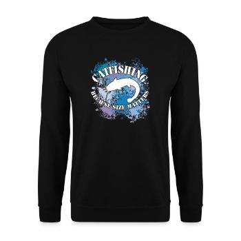 Wels Waller fischen Wels auf Farbklecksen - Unisex Pullover - Schwarz - Vorne - Alina (178cm) & Michal (187cm)