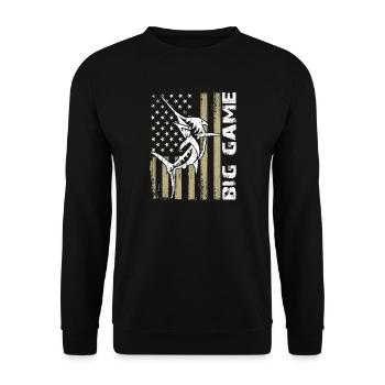 Springender Marlin mit US Flagge Hochseefischen - Unisex Pullover - Schwarz - Vorne - Alina (178cm) & Michal (187cm)