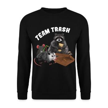 Team Trash - Waschbär, Opossum und Maus mit Pizza - Unisex Pullover - Schwarz - Vorne - Alina (178cm) & Michal (187cm)