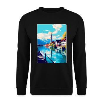 Thun Schweiz Vintage Reiseplakat Souvenir - Unisex Pullover - Schwarz - Vorne - Alina (178cm) & Michal (187cm)