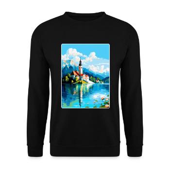 Lac de Bled, Slovénie, Affiche de voyage vintage, Souvenir - Sweat-shirt Unisexe - noir - Devant - Alina (178cm) & Michal (187cm)